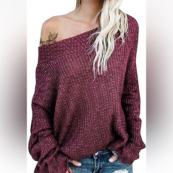 EXLURA BATWING OFF THE SHOULDER OVERSIZED PULL OVER KNIT SWEATER IN MAROON O/S - Picture 1 of 15